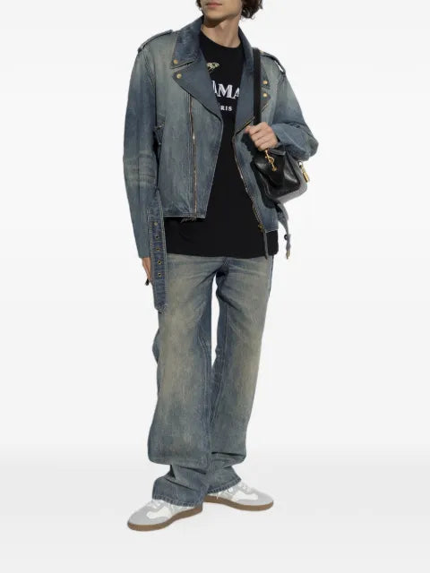 Balmain belted biker-style denim jacket