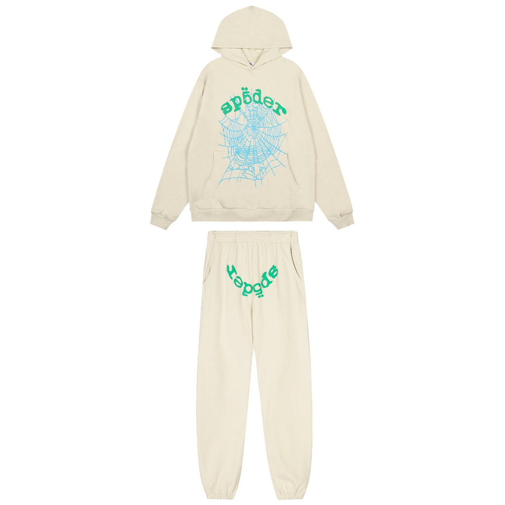 Sp5der Cream Graphic Hoodie & Sweatpants Matching Set