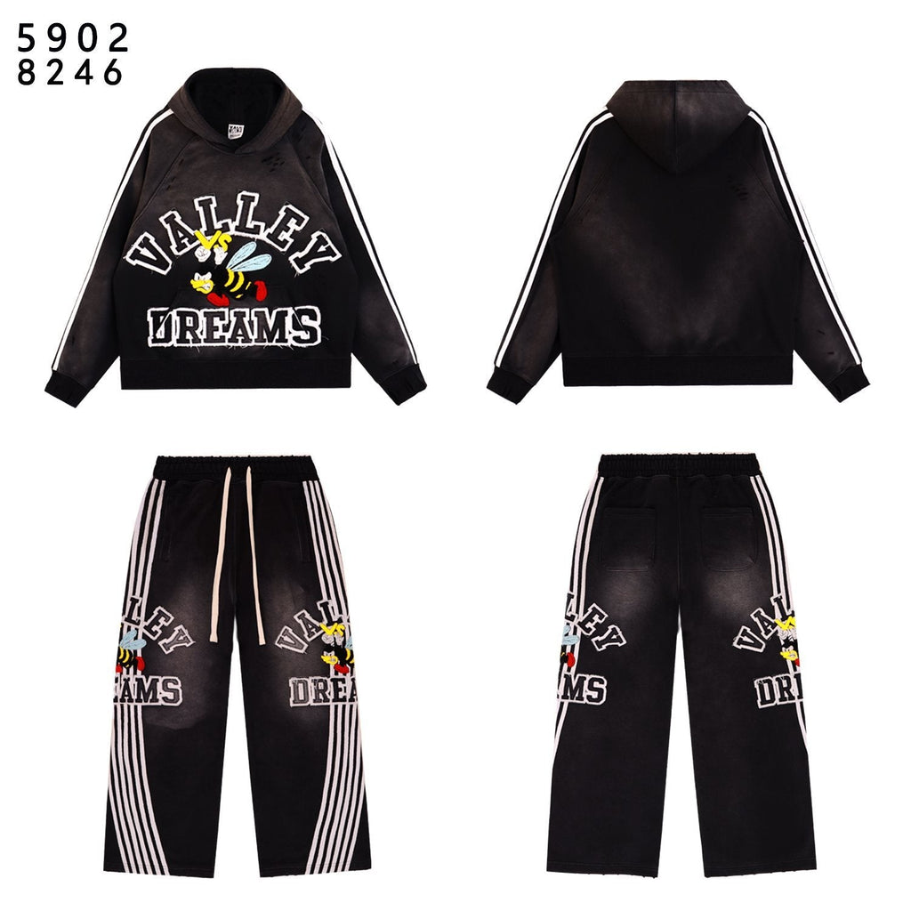VALE USA Bee Embroidered Striped Hoodie & Sweatpants Set