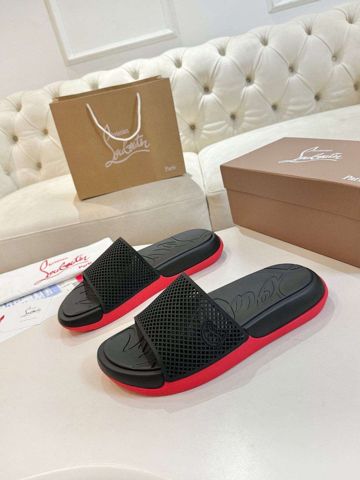 Christian Louboutin Men's Black Red Sole Slide Sandals