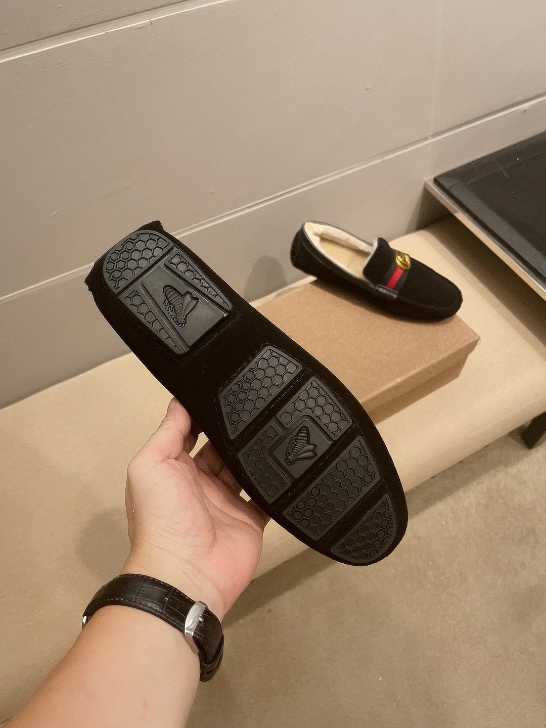 Gucci Men's Black Stripe Plush-Lined Loafers