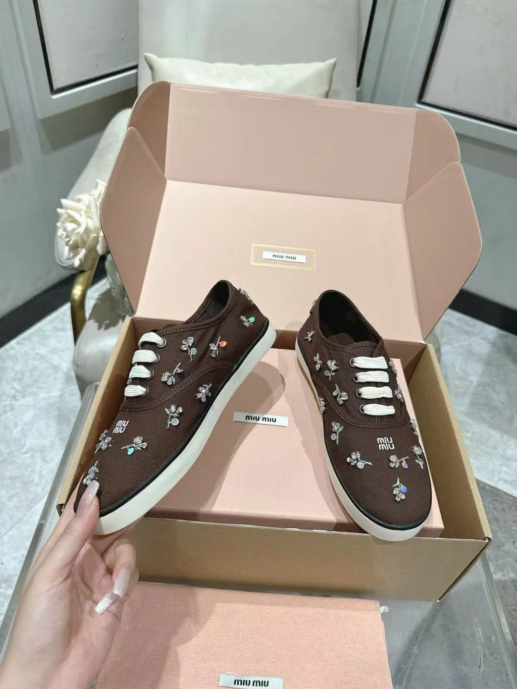 Miu Miu Floral Rhinestone Canvas Sneakers