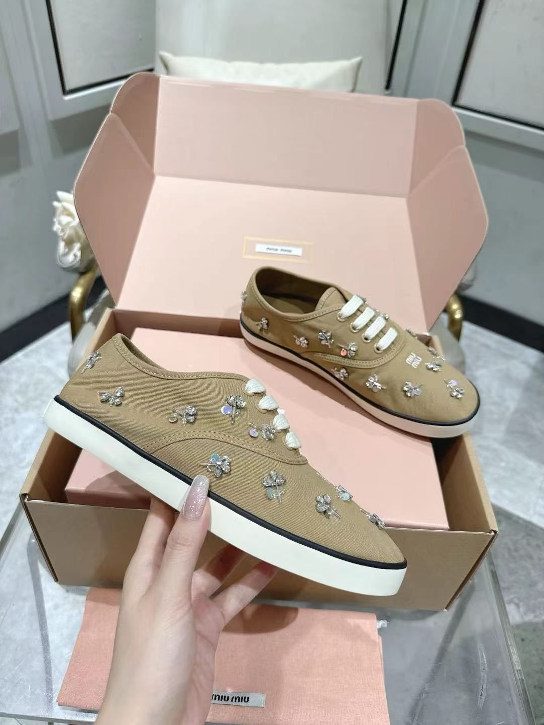 Miu Miu Floral Rhinestone Canvas Sneakers
